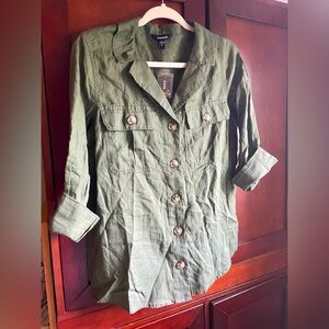 Express Olive Utility Shirt with Button Details / Linen Cotton Blend Small NWT